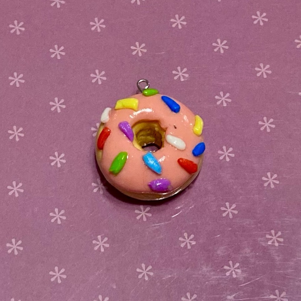 Pink Clay Donut Charm with Multicolored Sprinkles